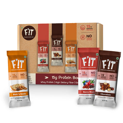 Assorted Whey Protein Bars Pack Of 4 ( 1 Chocolate with Hazelnut| 1 Berry Blast| 1 Nuts N Seeds| 1 Coffee Mocha) F’iT Nutrition Bar